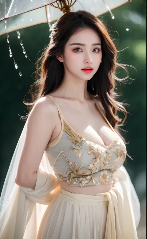 ((Best Quality, 8k, Masterpiece: 1.3)), Focus: 1.2, Perfect Body Beauty: 1.4, Buttocks: 1.2, ((Layered Haircut)), (Wet Clothes: 1.1), (Rain, Street:1.3), (Breasts: 1.2), (Hanfu: 1.2), Bare Shoulders, Bare Legs, Highly Detailed Face and Skin Texture, Fine E...