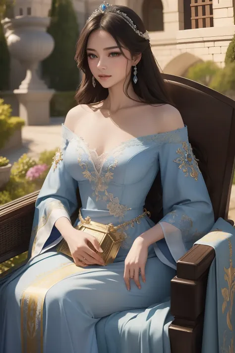 ((top-quality、​masterpiece、8K))、Beautuful Women、delicate and beautiful face、（Princess rides in carriage、Generate a look heading to the heart of the kingdom。Her dress is in beautiful blue、The carriage is ornately decorated。A magnificent castle rises behind。...