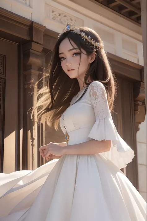 ((top-quality、​masterpiece、photographrealistic:1.4、8K))、1 beautiful detailed girl、extremely detailed eye and face、beatiful detailed eyes、（Luxury dresses in the style of medieval Europe、Princess）、Luxury Accessories、Elegant smile、（Draw a scene of a princess ...