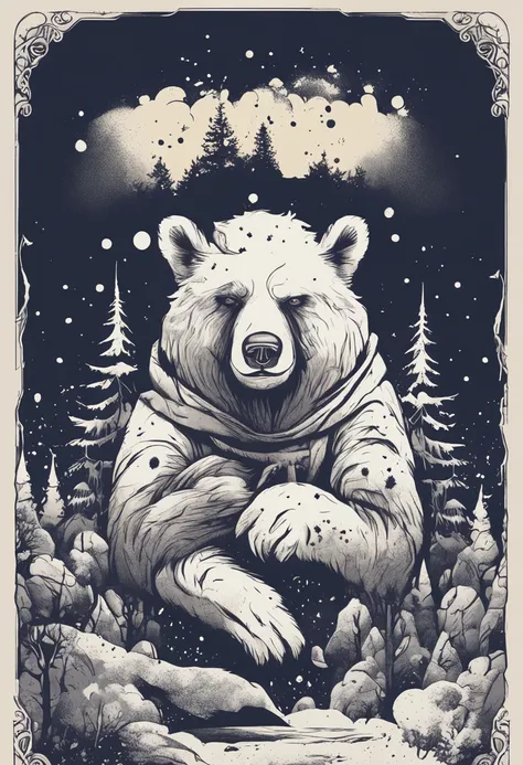 T-shirt graphic design: A detailed illustration:Snow Bear Tree、mont、fullmoon, Warrior, Magic, T-shirt design, CMYK Color, dark magic splash, Dark, ghotic, T-shirt design, In the style of Studio Ghibli, 3D vector art, Cute and quirky, Fantasy Art, Watercolo...