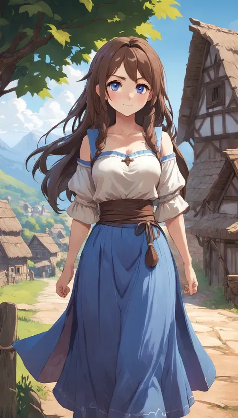 Conan Exiles Style, young female (16 years old), top rated pixiv, statuesque body, (hourglass figure) voluptuous bust, narrow waist, wide hips, princess face, smile, long wavy brown hair, violet eyes (princess eyes ), D&D character, peasant girl, village g...