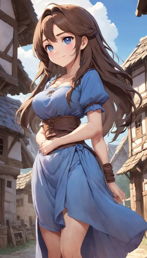 Conan Exiles Style, young female (16 years old), top rated pixiv, statuesque body, (hourglass figure) voluptuous bust, narrow waist, wide hips, princess face, smile, long wavy brown hair, violet eyes (princess eyes ), D&D character, peasant girl, village g...