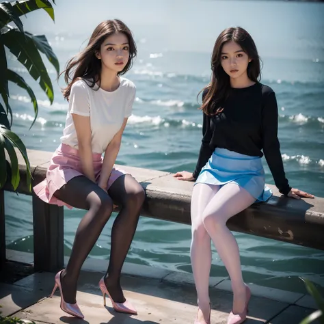 (full body:1.5)，((1girl):1.4),(view the viewer:1.4)，(anatomy correct:1.3),(Sitting on the sea:1.2),(A pink and blue Elastic skirt :1.2),((Pantyhose):1.3),( girl pointed thick heels :1.1)，(Accurate and perfect face:1.3),hyper HD, Ray traching, reflective li...