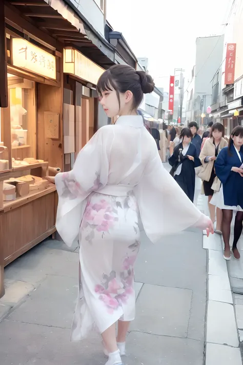 woman in kimono walking in front of bakery, walk gracefully in a white kimono with prints、young russian woman wearing glasses、fe...