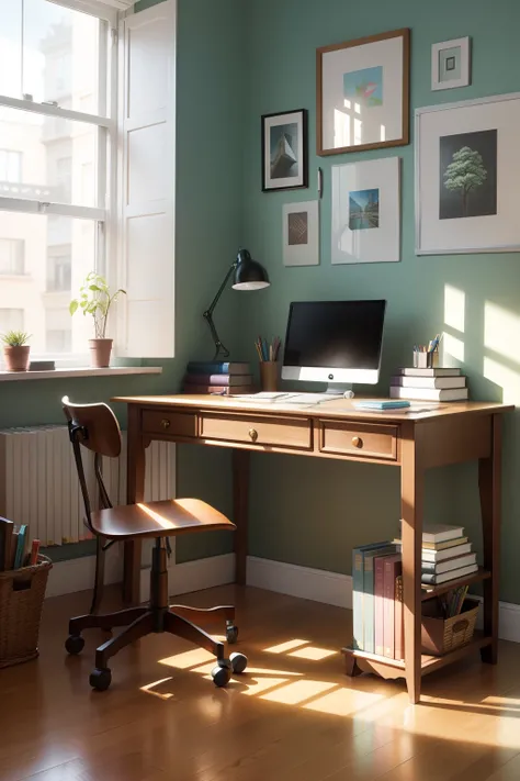 Bright shades，Neat desk，There are a lot of books on display，An open notebook，There is a pen on it，No one showed up，There are art paintings on the walls