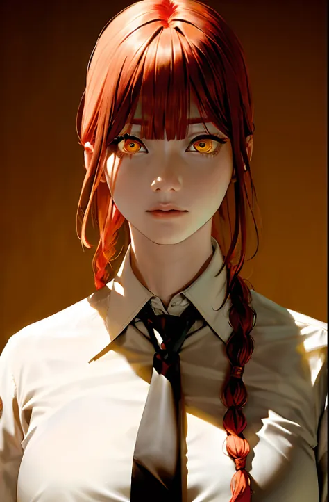 masterpiece, (photorealistic:1.4), best quality, beautiful lighting,
(ulzzang-6500:0.5), makima (chainsaw man), (red hair)+(long braided hair)+(bangs), yellow eyes, golden eyes, ((ringed eyes)), (white shirt), (necktie),
RAW photo, 8k uhd, film grain