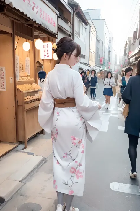 Woman in kimono walking in front of bakery, Walk gracefully in a white kimono with prints、Young Russian woman wearing glasses、Female in her 20s living in Russia、Girl with brown hair、Girl with Grey Eyes、in a tokyo street, wearing a haori, In the streets of ...