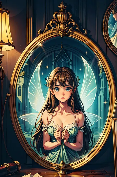 (trapped inside a delicate mirror), (frightened beautiful) fairy, castle