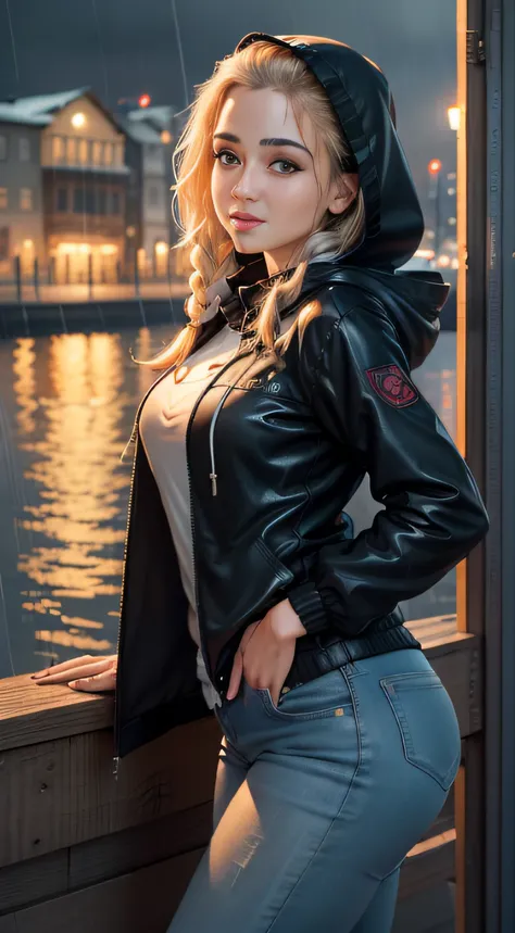 masterpiece, photomrealistic, best quality, 1girl, beautiful face, light smile,  Fishtail braid  hair, Hooded Rain Jacket with Jeans, Waterfront area with rainy waterfront views , depth of field, intricate detailed, alluring face, detailed skin, pore, fine...