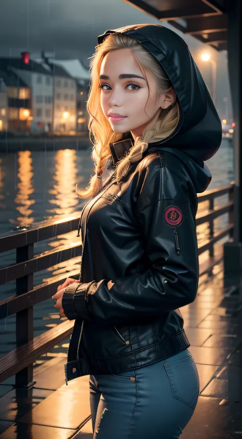 masterpiece, photomrealistic, best quality, 1girl, beautiful face, light smile,  Fishtail braid  hair, Hooded Rain Jacket with Jeans, Waterfront area with rainy waterfront views , depth of field, intricate detailed, alluring face, detailed skin, pore, fine...