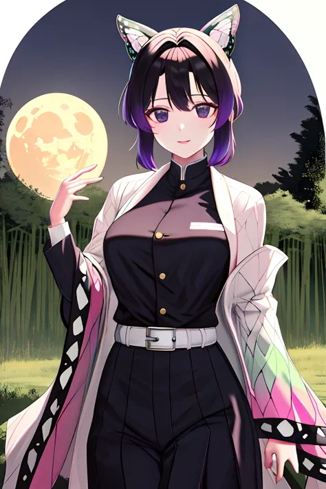 Master parts, best qualityer, highr, 1girll, in bamboo forest，In the background is a huge bright moon, Kochou Shinobu, Butterfly hair ornaments, Purple eyes, multicolored hair, Short hair, Separate strip, haori, longer sleeves, Black pantsuit, Black jacket...