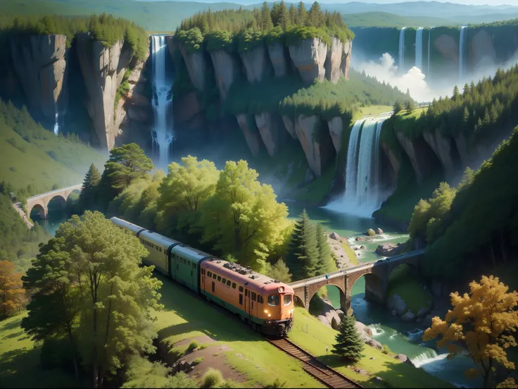 High fantasy drone view image of a colorfully decorated train pasding through a breathtaking forest. The forest is green with full of trees and animals playing in it,a waterfall.