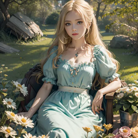 The blonde Alice from Alice in Wonderland is in another world called flowers, Alice in Hualan, Dreamy, fantasy, Alice a lot of details, Beautiful,