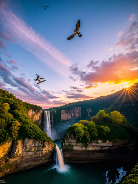 protrait, photography of, Hermaphroditic landscape, Birds fly through the waterfall , With brilliant sunsets