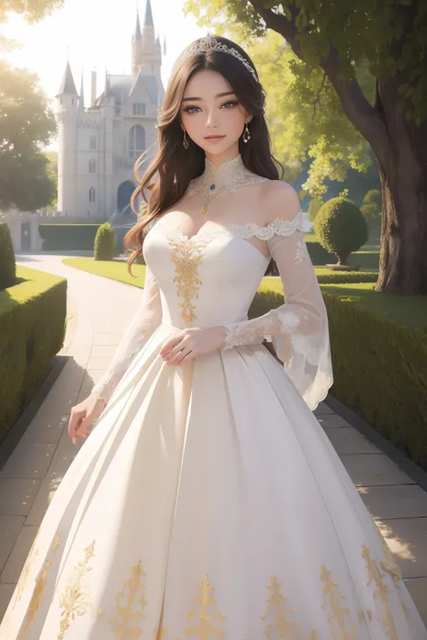 ((top-quality、​masterpiece、photographrealistic:1.4、8K))、1 beautiful detailed girl、extremely detailed eye and face、beatiful detailed eyes、（Luxury dresses in the style of medieval Europe、Princess）、Luxury Accessories、Elegant smile、（Princess is gracefully walk...