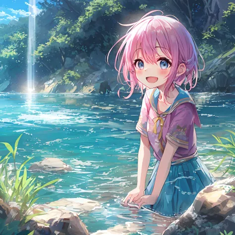 absurderes, hight resolution, (Anime style:1.1), ((masutepiece)), ((Best Quality)), (Ultra-detailed), (Beautiful), 独奏, Beautiful face、(liftup),12year old、Cute little girl standing kneeling in the water of a beautiful lake deep in the forest,Wind,Pink color...