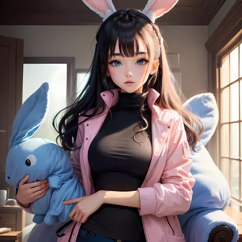 Girl with long hair in pink，Has lop-eared rabbit ears，Wear a white turtleneck plush jacket，blue color eyes，Holding a mass of colorful black monsters