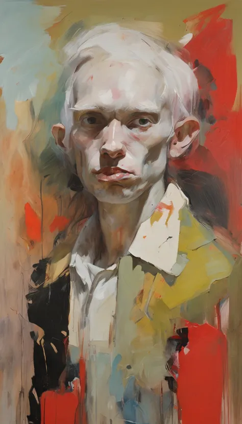 young boy with white hair and red eyes, There is ugliness in beauty, But there is also beauty in ugliness, In the style of Adrian Ghenie, Esao Adrews, Jenny Saville, Edward Hopper, surrealism, Dark Art par James Jean, Takato Yamato, Minimalism inkpunk