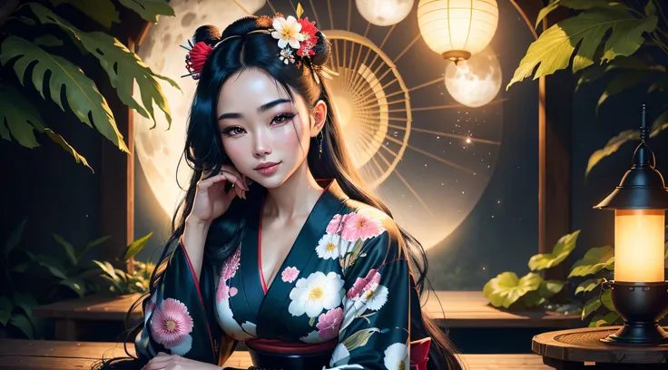 A gorgeous sexy 23-year-old geisha with flowing flowing hair loose, (photorealistic:photorealistic, 8K masterpiece), short black and white curt kimono with bright neon flower details, sitting under a futuristic tree trunk (science fiction) with a bright fu...