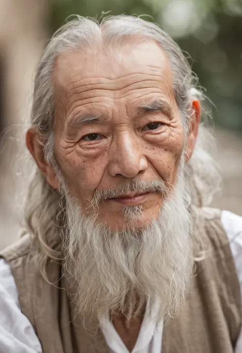 Portrait photography,  Disgusting eyes, Medium-length blonde curls, 80-year-old man，Long beard，Asian image，Wrinkles all over the face，Thin，Summer exterior，Look at the viewer，Full body photo，Faraway view，natural soft light，真实感，high-definition photography, c...