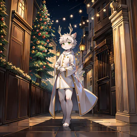 A white deer in a white robe，Green eyes，Stand on the square of the street，Oyuki，Christmas，Christmas tree，围巾，window，Look into the distance，Shota，adolable，