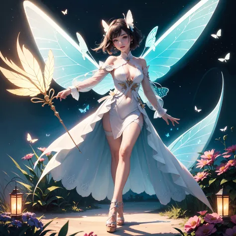 (full body:1.5)，((1girl):1.4),(anatomy correct:1.3),((Flower fairies with butterfly wings flutter among the flowers, And with a magic wand in his hand):1.4）, (Accurate and perfect face:1.3), hyper HD, Ray traching, reflective light, structurally correct, A...