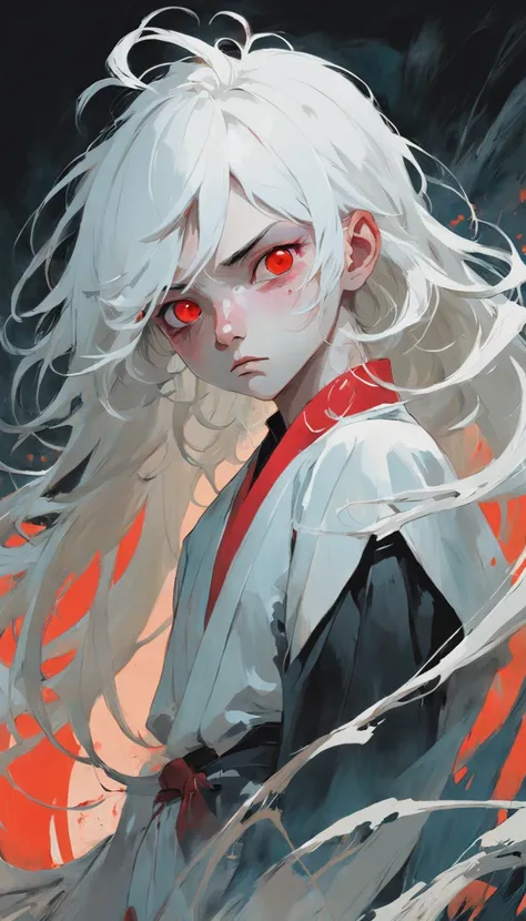 young boy with white hair and red eyes, There is ugliness in beauty, But there is also beauty in ugliness, In the style of Adrian Ghenie, Esao Adrews, Jenny Saville, Edward Hopper, surrealism, Dark Art par James Jean, Takato Yamato, Minimalism inkpunk