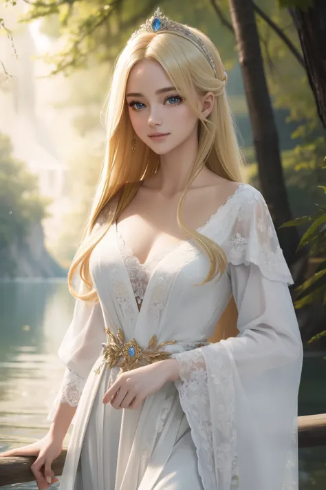 ((top-quality、​masterpiece、photographrealistic:1.4、8K))、1 beautiful detailed girl with blonde hair、extremely detailed eye and face、beatiful detailed eyes、（Greek mythological style dress、Princess）、Luxury Accessories、Elegant smile、（Princess walking gracefull...