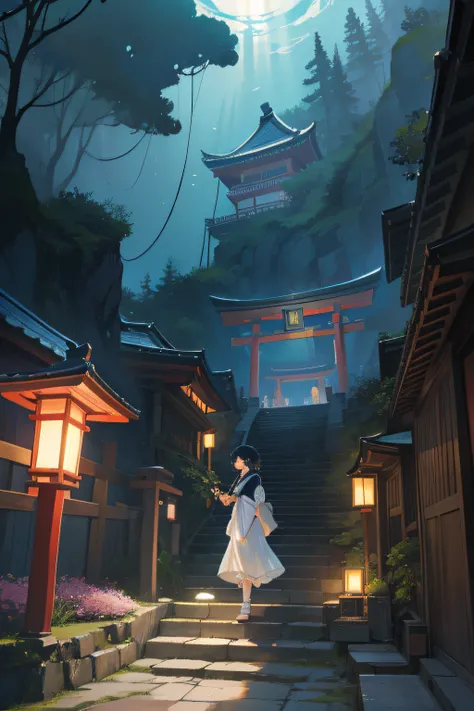 superfine illustration, Best Quality, Sinking into the sea, High-quality illustration of a Japan shrine tucked away on the seabed, Surrounded by fantastic waters、Rays of light pierce through, Evoke deep nostalgia.　A girl in the style of Makoto Shinkais pai...