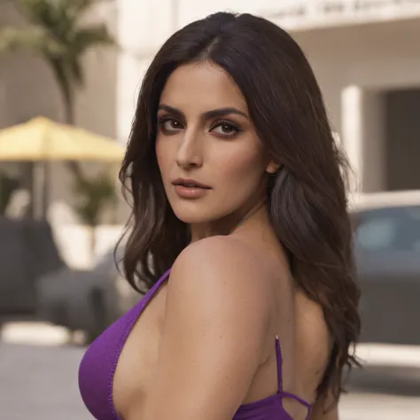 Hot young girl with model appearance looks like Salma Hayek in a purple bikini, is looking at the camera, tanned Mexican woman, in full height, Hands Behind Your Back, pouty lips, good tits, boobs falling out of the bikini, GTA 5 screensaver, GTA 5 style, ...