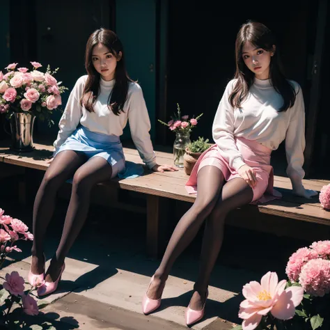 (full body:1.5)，((1girl):1.4),(view the viewer:1.4)，(anatomy correct:1.3),(Sitting among the flowers:1.2),(A pink and blue Elastic skirt :1.2),((Pantyhose):1.3),( girl pointed thick heels :1.1)，(Accurate and perfect face:1.3),hyper HD, Ray traching, reflec...