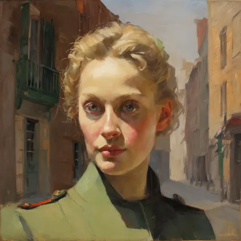 Lonely young adult girl, Tall stature, little chest, closed mouth, Slavic appearance: Green eyes; blond hair; sharp facial features; dimple on the chin; Straight nose; high nose; pronounced high cheekbones; high forehead, stands upright, military uniform: ...