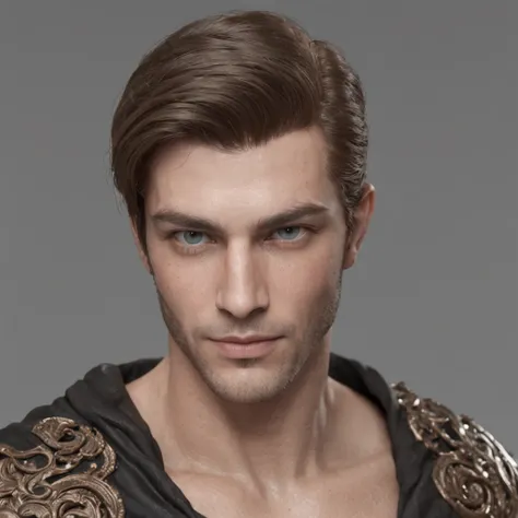 (Professional 3D rendering:1.3) de (Realistic:1.3) foto de um homem lindo bronzeado, homem branco bronzeado, Black chic elven tunic with silver accents, cabelo preto curot e meio despenteado, (olhos cinza: 1,35), queixo quadrado, rosto na formato diamante,...