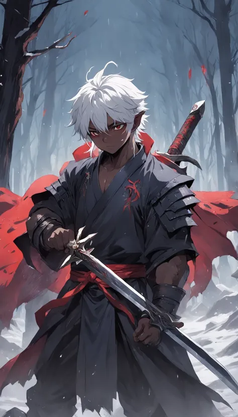 An epic scene in a desolate village reduced to ruin, it is snowing and there is a young white-haired boy who even bruised and bleeding holds a sword and faces a giant demon with dark skin and big horns