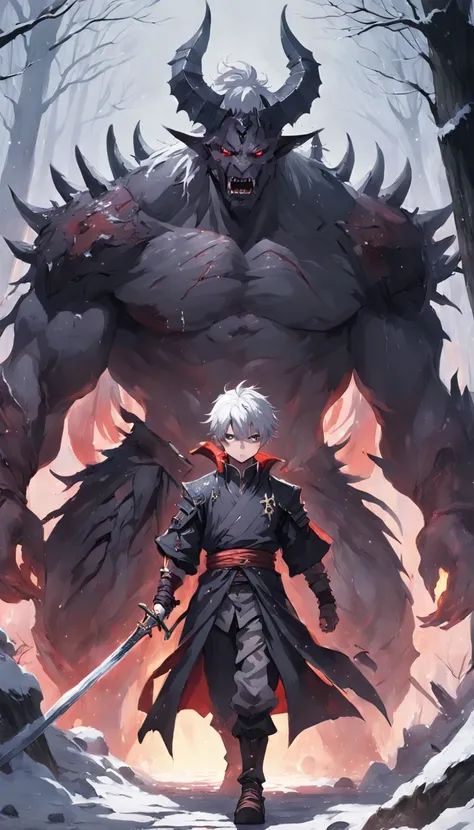 An epic scene in a desolate village reduced to ruin, it is snowing and there is a young white-haired boy who even bruised and bleeding holds a sword and faces a giant demon with dark skin and big horns