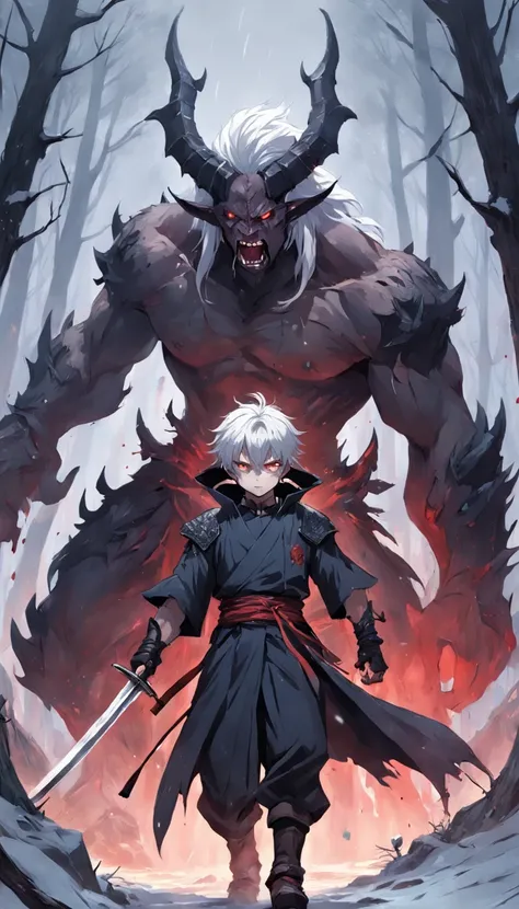 An epic scene in a desolate village reduced to ruin, it is snowing and there is a young white-haired boy who even bruised and bleeding holds a sword and faces a giant demon with dark skin and big horns