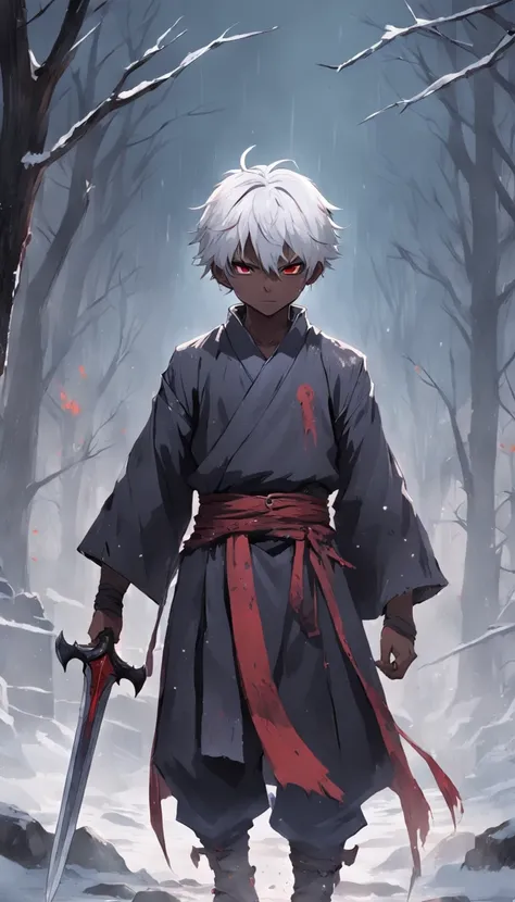 An epic scene in a desolate village reduced to ruin, it is snowing and there is a young white-haired boy who even bruised and bleeding holds a sword and faces a giant demon with dark skin and big horns