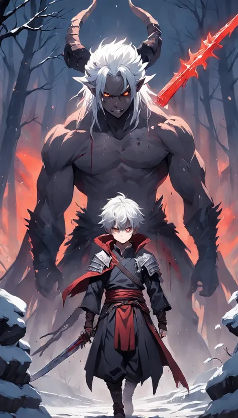 An epic scene in a desolate village reduced to ruin, it is snowing and there is a young white-haired boy who even bruised and bleeding holds a sword and faces a giant demon with dark skin and big horns