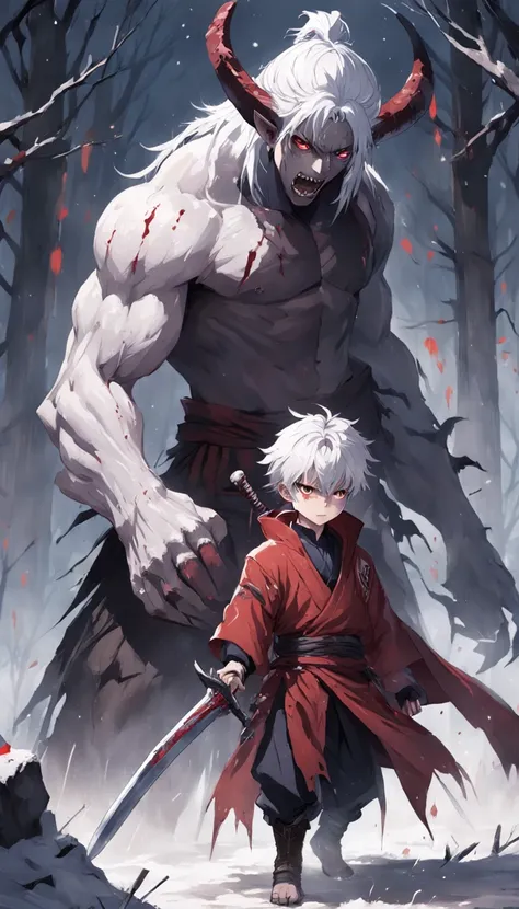 An epic scene in a desolate village reduced to ruin, it is snowing and there is a young white-haired boy who even bruised and bleeding holds a sword and faces a giant demon with dark skin and big horns