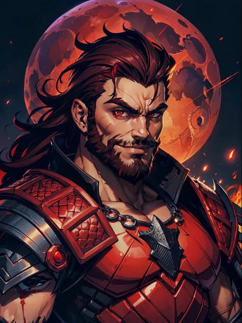 dark night blood moon background, hades style, game portrait. sadurang from marvel, hunk, buffed physics, short mane hair, mulle...