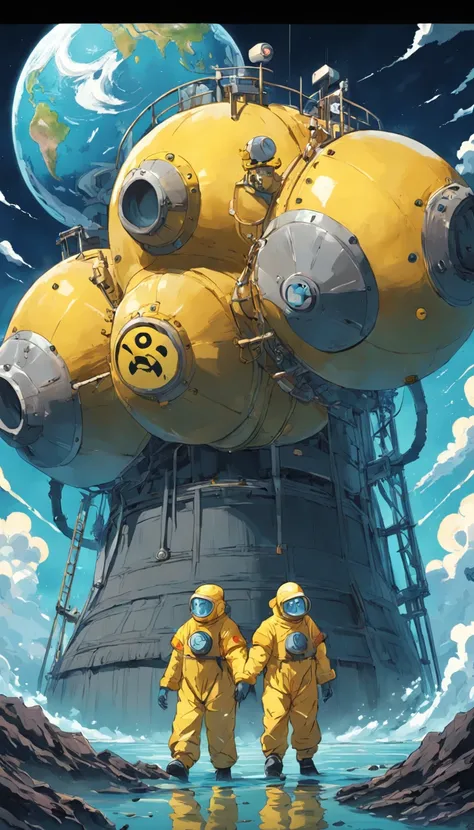 （A cartoon of 2 men in nuclear protective suits pulling the earth apart），（Wear yellow nuclear protective clothing，The costume has the Japanese flag emblem on it，A planet of suffering，aquatic creature，Sewage flows out of huge pipes above，There are nuclear s...