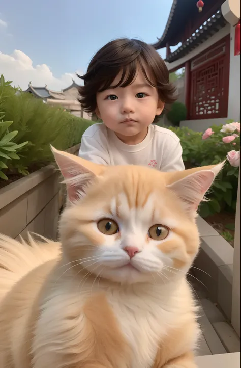 There are Chinese pastoral cats and boys,The cat is taupe and the boy has fluffy hair, look beautiful, Baby face, Three-dimensional facial features, and pale yellow hair color