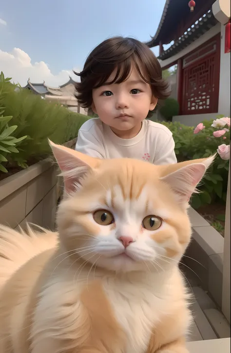 There are Chinese pastoral cats and boys,The cat is taupe and the boy has fluffy hair, look beautiful, Baby face, Three-dimensional facial features, and pale yellow hair color