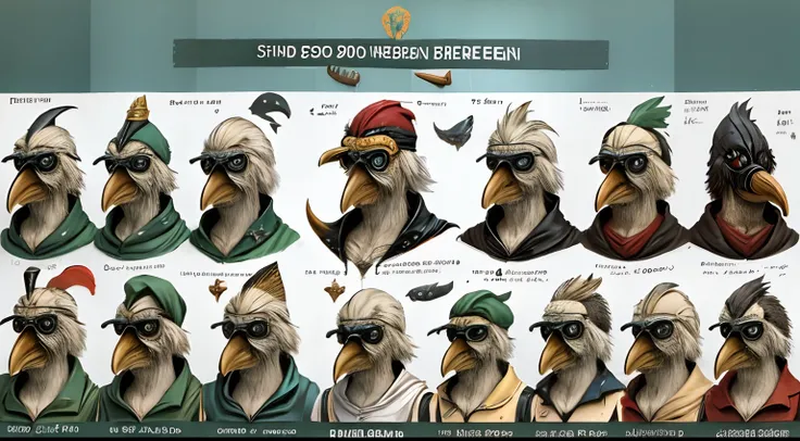 Bird-headed bird-beaked man，Wear round goggles，8 different birds