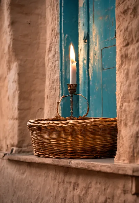 um espelho refletindo a luz de uma vela, a basket of bread with a glass made of clay on the side. mistic ambient, iluminado por luz de velas