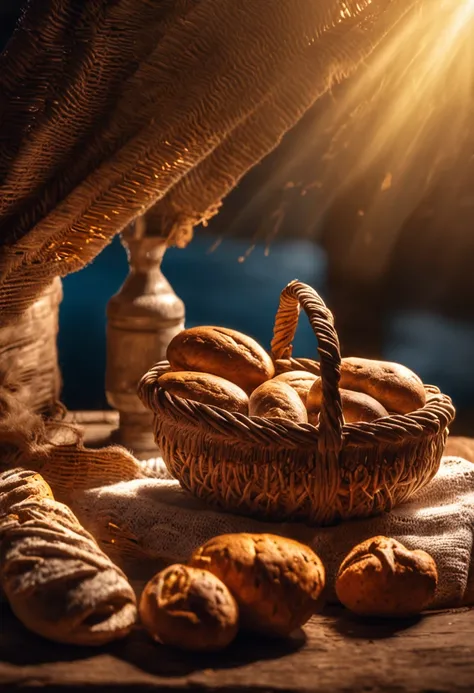 um espelho refletindo a luz de uma vela, a basket of bread with a glass made of clay on the side. mistic ambient, iluminado por luz de velas