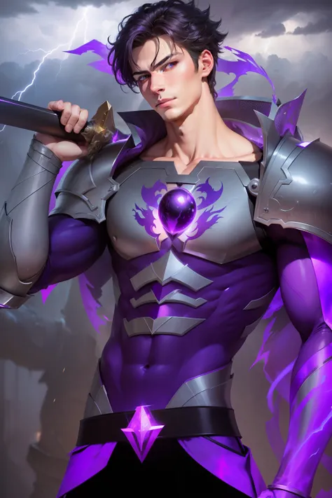 Boy, handsome, sixpack, charming,cute,dark armor, purple lightning,magic, energy ball In chest,Hands energized and theres lightning in hand, dragon, shadow, Knight, realistic, ultra detail, perfect face, perfect eyes, white skin, purple eye, Sword in left ...