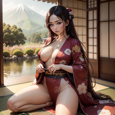 Sexy woman with big eyes with long lashes with long hair of bright brown color in front of Japan landscape wearing fancy kimono spreading legs