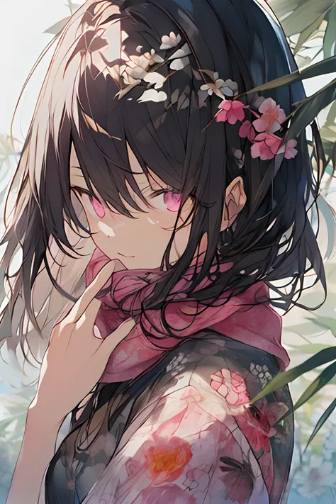 aquarelle,girl with, 独奏, florals, portraitures, fronds, bangss, A dark-haired, length hair, Pink eyes, hair between eye, Flower scarves