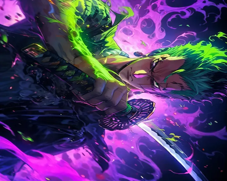 anime big breast,Solon。plethora of colors，Green hair，katana swords，Flames came out of the eyes，8K,Ultra-clear and high-quality images